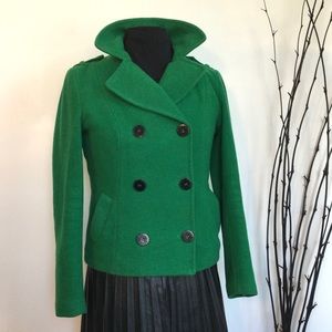 Green jacket wool blend black buttons double breast coat women size 8
